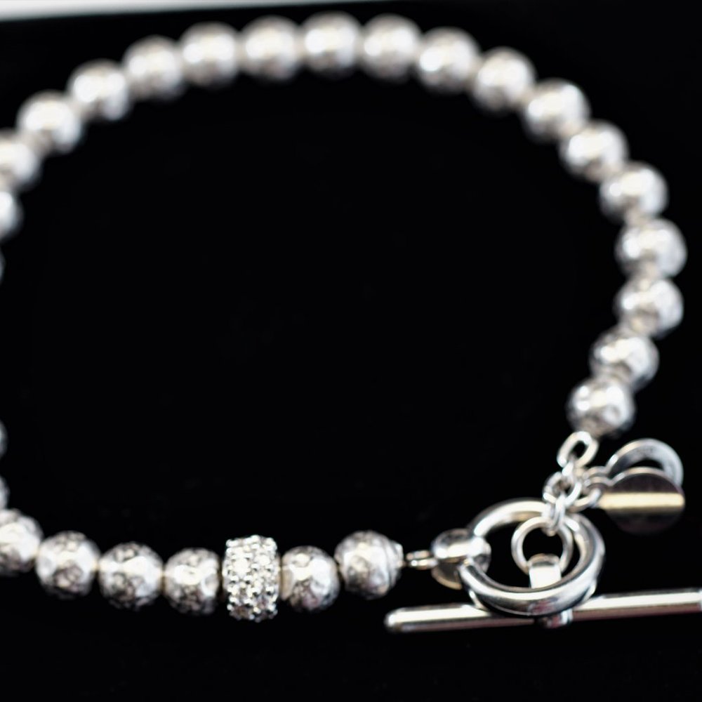 Textured Sterling Silver Ball Bracelet CZ & Toggle